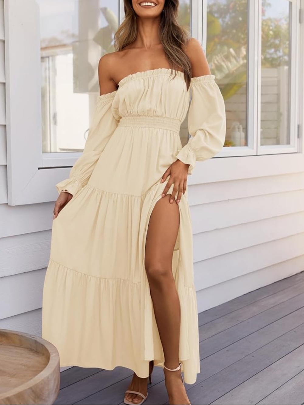 Off-Shoulder Light Yellow Maxi Dress with Side Slit